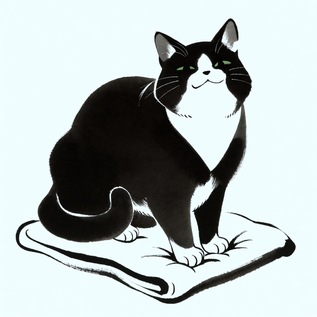 Lord Pounce, a tuxedo cat, kneading a cream knitted blanket in warm window light